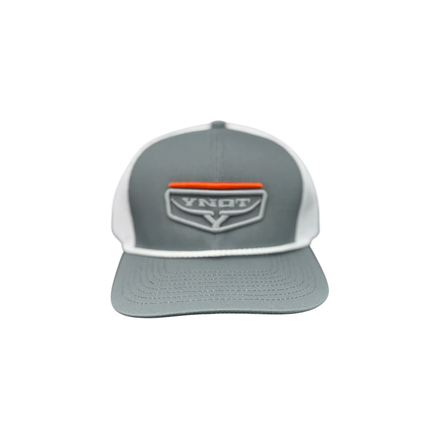 YNOT Lifestyle Brand Hat and Apparel - Quality Farmer & Rancher Hats - Western Wear - YNOT logo Gray and White  with Orange bar