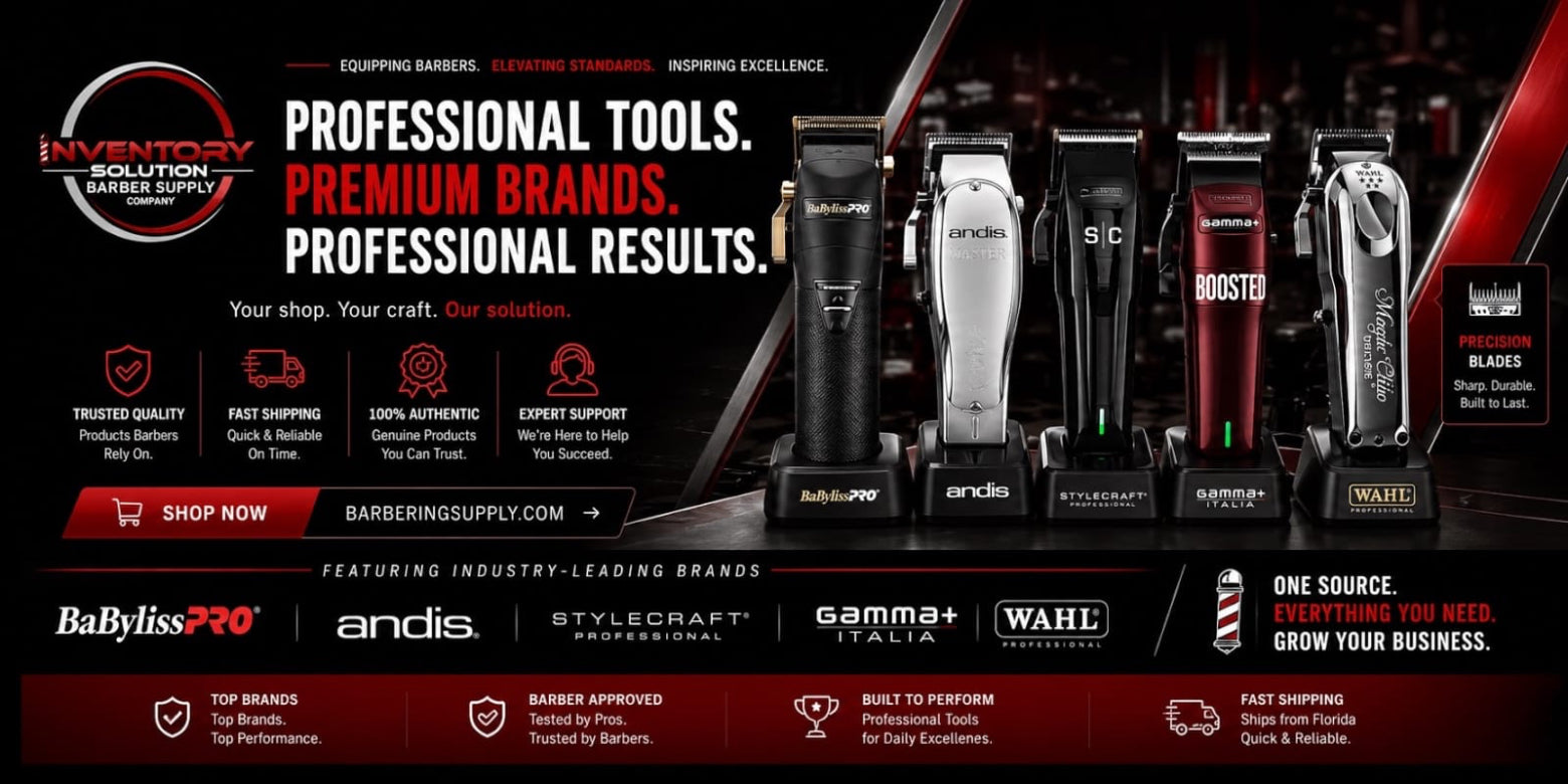 Barber supply advertisement with various grooming tools on a black background