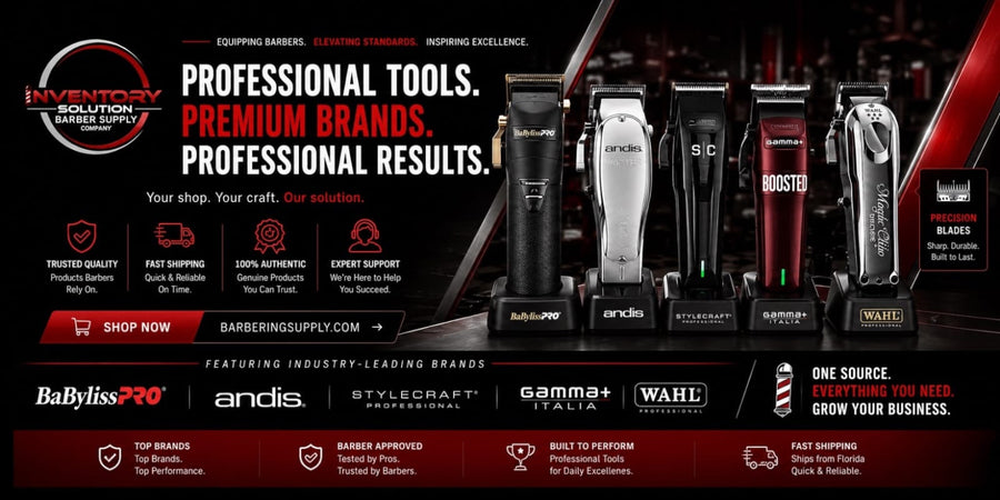 Barber supply advertisement with various grooming tools on a black background