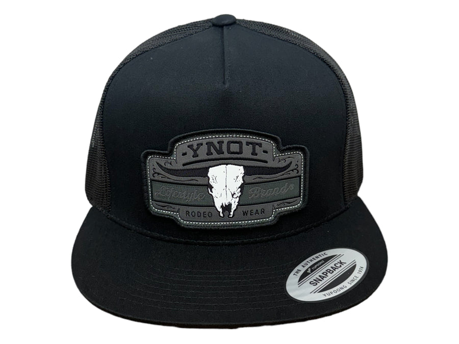 YNOT Lifestyle Brand Hat and Apparel - Quality Farmer & Rancher Hats - Western Wear - Black Rough Stock Flatbill Patch