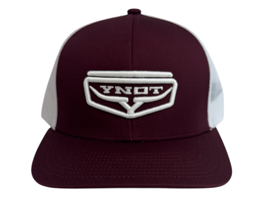 YNOT Lifestyle Brand Hat and Apparel - Quality Farmer & Rancher Hats - Maroon / White Logo