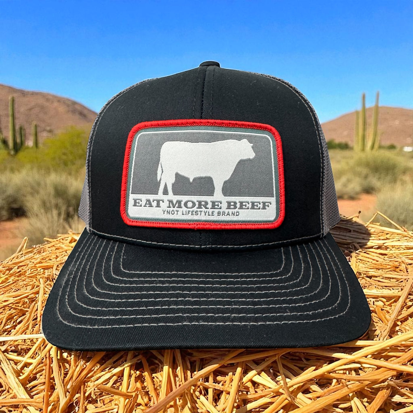 YNOT Lifestyle Brand Hat and Apparel - Quality Farmer & Rancher Hats - Western Wear - Patch YNOT Eat More Beef